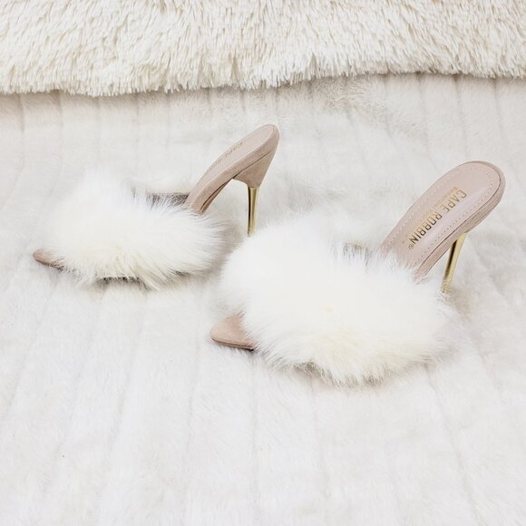 Furry Pointy Toe Slip On Gold Tone Slim Heels Nude - Picture 7 of 11